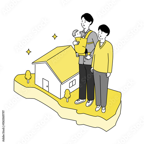 埼玉県の地図と若い家族・家のイラスト、ベクター	