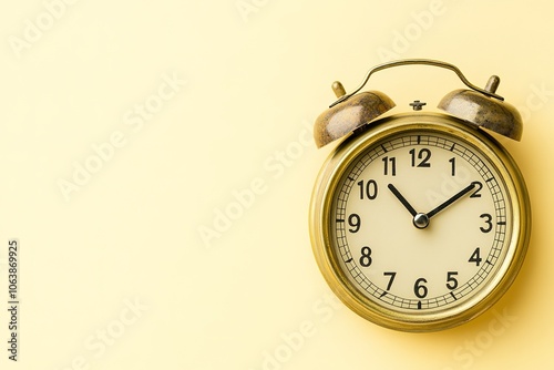 Vintage alarm clock on yellow background with copy space