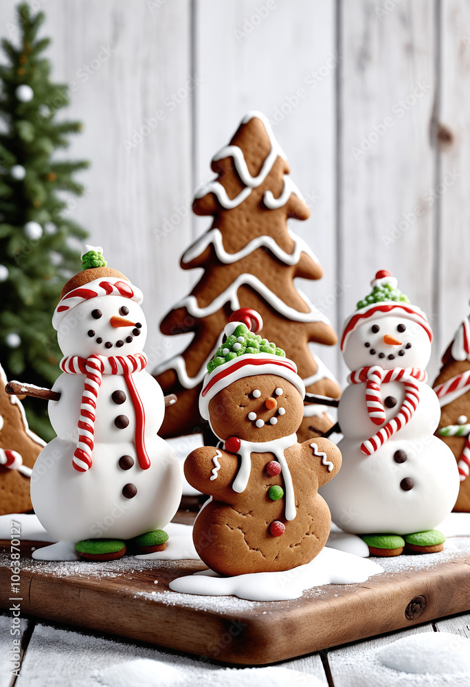 Obraz premium Three gingerbread men stand on a wooden board