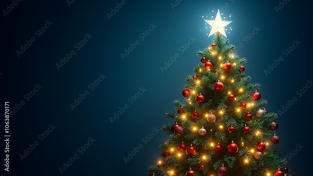 A festive Christmas tree is decorated with sparkling ornaments and a canopy of twinkling stars shining brightly above it