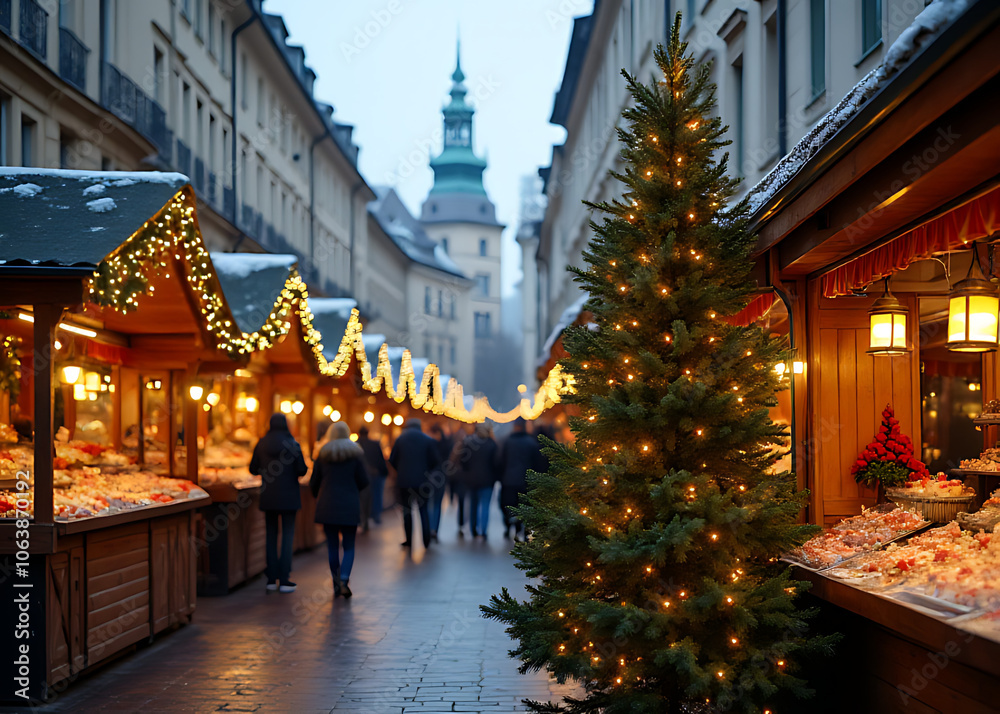 A festive Christmas tree stood tall among the vendors at a bustling European winter street market A festive Christmas tree stood tall among the vendors at a bustling European winter street market