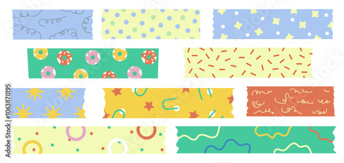 Washi tapes big collection. Set of colourful scrapbook stripes or sticky label tags, isolated on white background. Trendy abstract patterned decorative scotch tape designs.