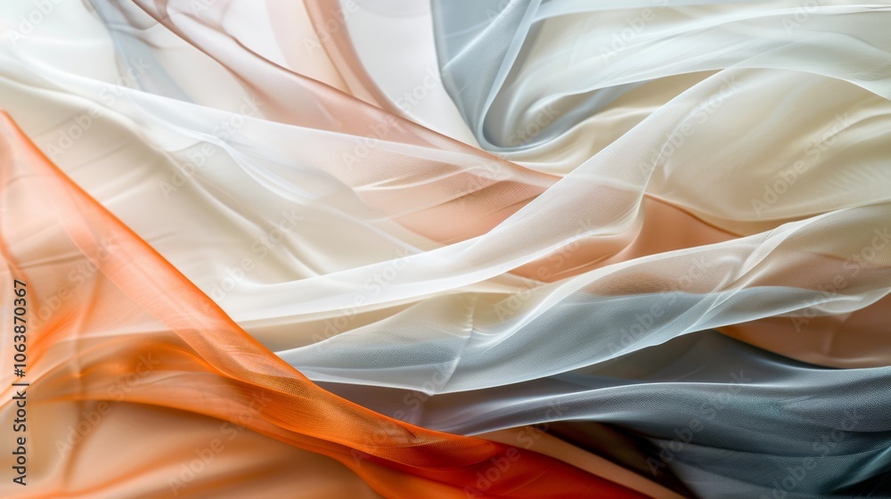 Obraz premium Layers of sheer fabric gently intertwine, sculpting a delicate wave of flowing textures in soft, muted tones.