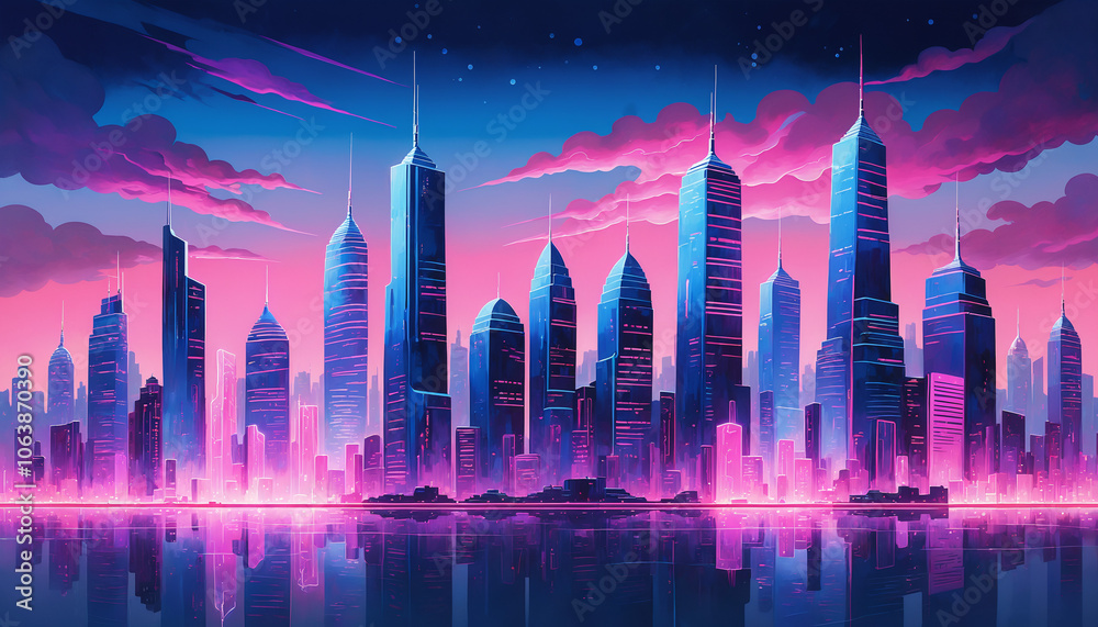 City skyline with neon lights and purple clouds at sunset City skyline with neon lights and purple clouds at sunset