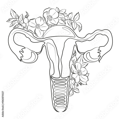 Woman organ uterus one line drawing. Female reproductive system. Woman body anatomy minimalist art.