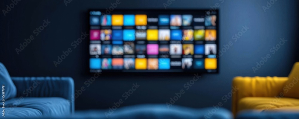 Cozy living room setup with a modern TV displaying streaming services. Cozy living room setup with a modern TV displaying streaming services.