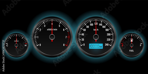 Car Dashboard. Car Panel Display. Car Speedometer Dashboard. Tachometer or Odometer Display. Vector Illustration.