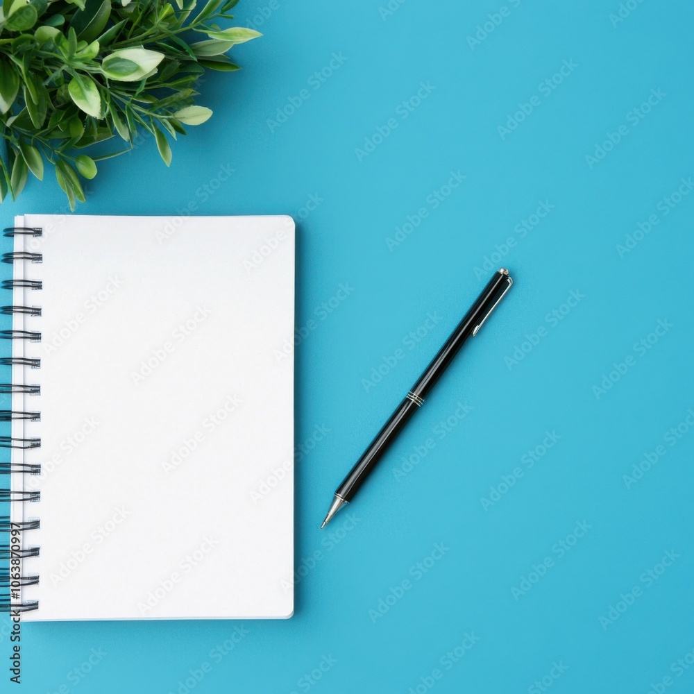 Notebook, pen, and plant on a vibrant blue table, ideal for creative work. Notebook, pen, and plant on a vibrant blue table, ideal for creative work.
