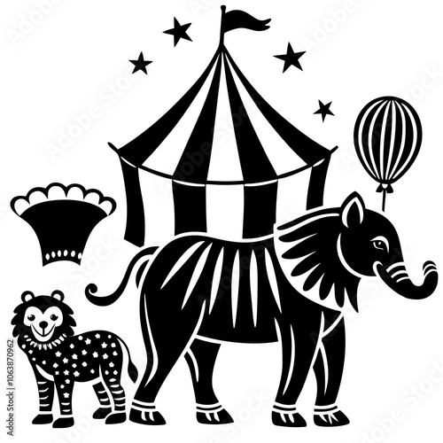 set of funny cartoon circus elements playful circus animals Vector Design and illustration