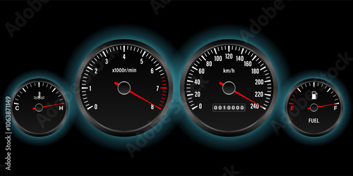 Car Dashboard. Car Panel Display. Car Speedometer Dashboard. Tachometer or Odometer Display. High Speed Concept. Vector Illustration.