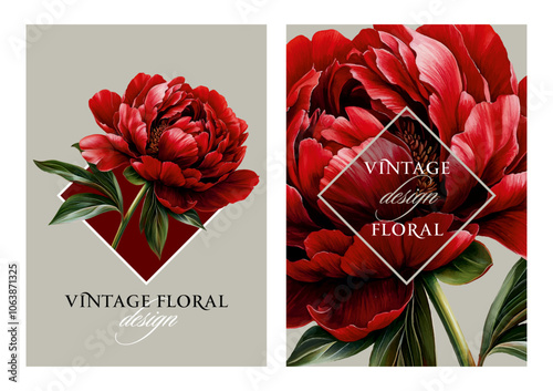 Vintage vector illustration with red garden peony flower on a changeable background. Floral design template for wedding invitation, greeting card, notebook cover, flyer or certificate.