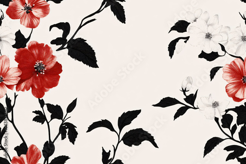 semaless pattern of beautiful flowers, red, black and white colors, wallpaper photo