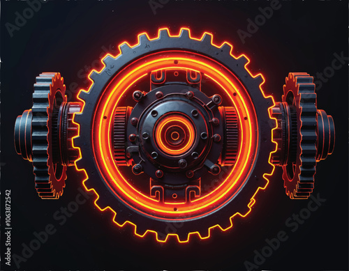 vector of a glowing red and orange neon lights on mechanical gears on a dark background