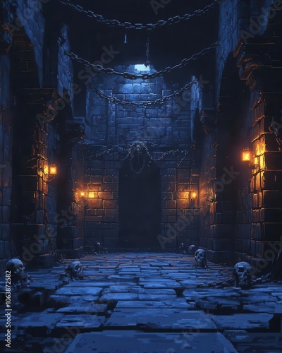 Dark pixel art castle dungeon with chains, skeletons, and low lighting photo