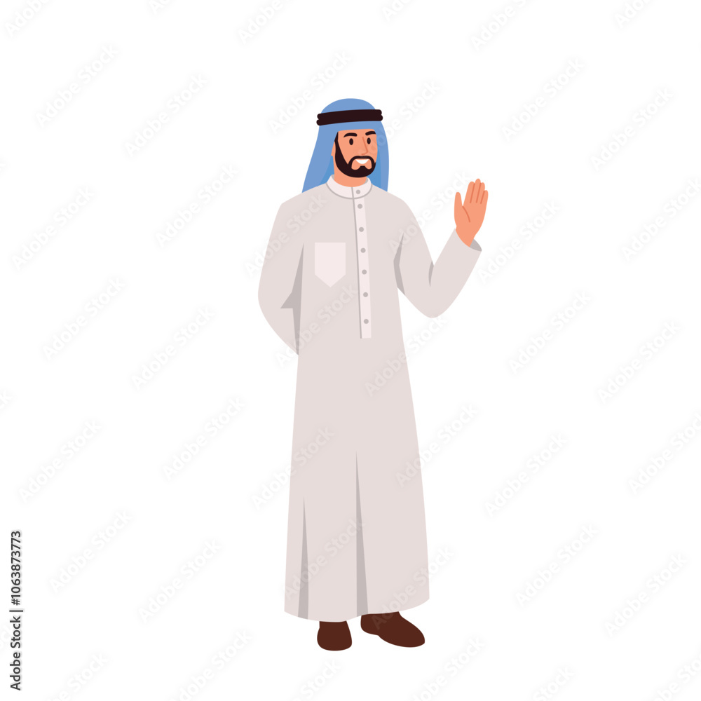 Vector illustration of a Muslim man dressed in traditional clothes. Cartoon scene of a bearded man wearing a white,long buttoned shirt, blue headdress, shoes, waving hand isolated on white background. Vector illustration of a Muslim man dressed in traditional clothes. Cartoon scene of a bearded man wearing a white,long buttoned shirt, blue headdress, shoes, waving hand isolated on white background.