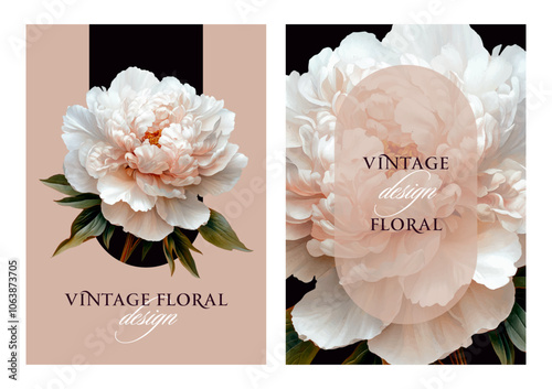 Vintage vector illustration with garden peony flower on a changeable background. Floral design template for wedding invitation, greeting card, notebook cover, flyer or certificate.