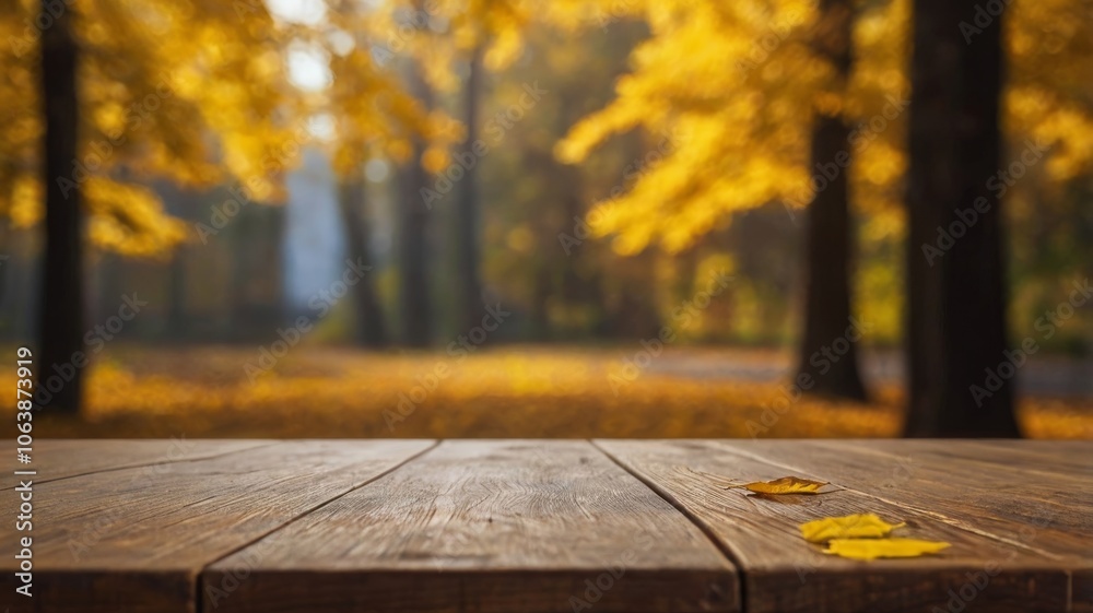 Beautiful colorful natural autumn background for presentation. Fallen dry orange leaves on wooden boards against the backdrop of a blurry autumn park.