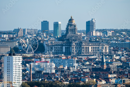 High angle panorama over the Brussels skyline city center, with the ferry wheel and the court house, Brussels Capital Region, Belgium, OCT 24, 2024 photo