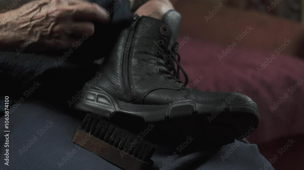 Elderly woman cleaning black shoe while sitting on sofa.Hands and boot close-up. Elderly woman cleaning black shoe while sitting on sofa.Hands and boot close-up.