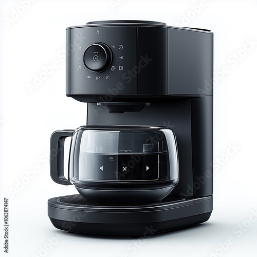 A modern black coffee maker prepares fresh brew in a stylish kitchen setting during morning hours