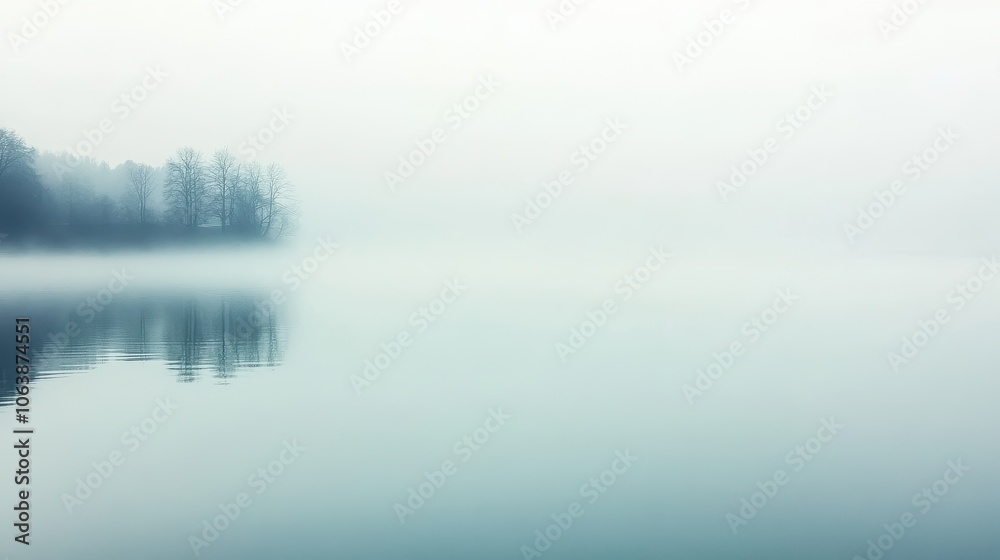 Fototapeta premium A serene fog envelops the calm lake at dawn, reflecting the muted landscape of trees along the shoreline in early morning light