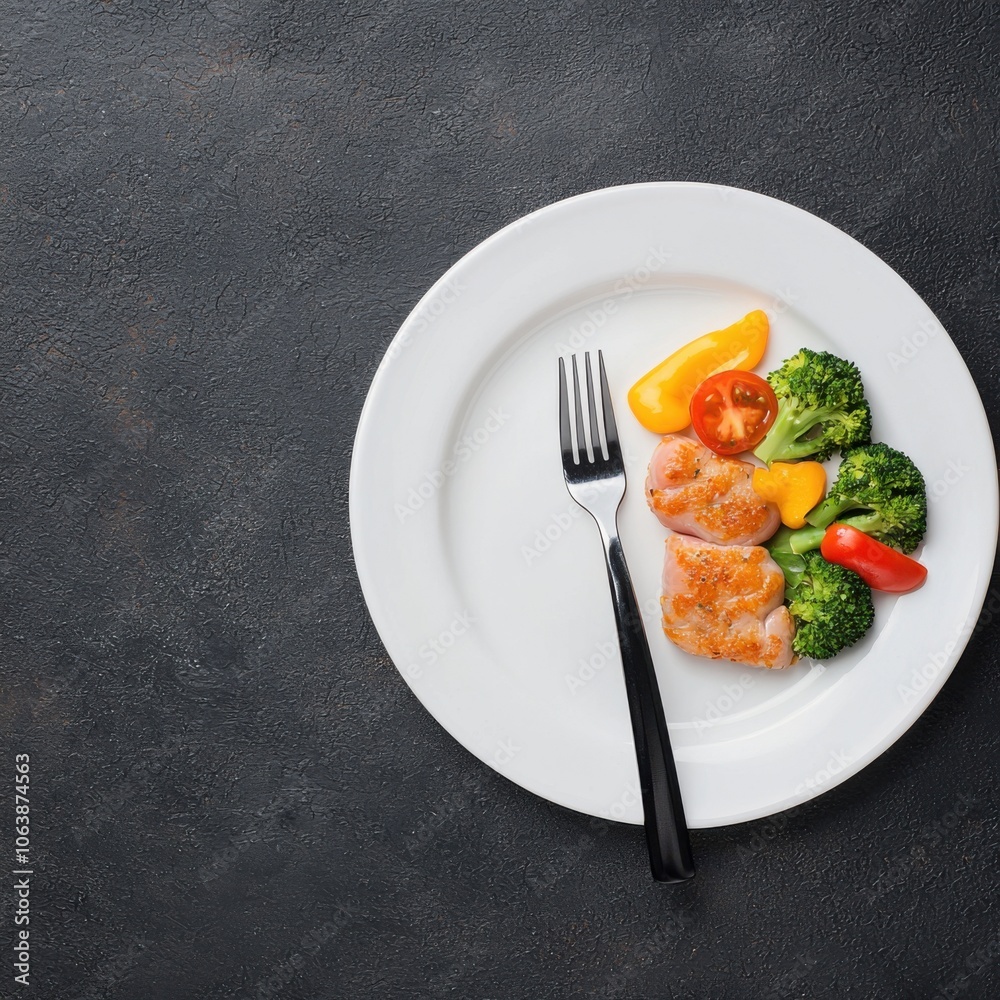 Healthy meal on a white plate with vegetables and chicken, dark textured background. Healthy meal on a white plate with vegetables and chicken, dark textured background.