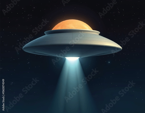 vector of an ufo is flying in the night starry sky with glowing beams to the bottom