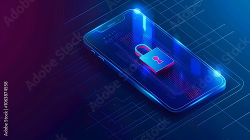 Secure Mobile Device with Futuristic Data Encryption Grid on Blue Backdrop