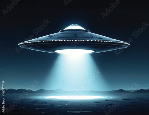 vector of an ufo floating on the night sky with a glowing beams to ground on a dark empty field 