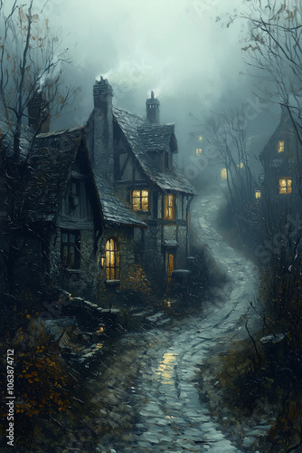 Rain-soaked cobblestones lead through a mystical village, glowing windows pierce the foggy twilight