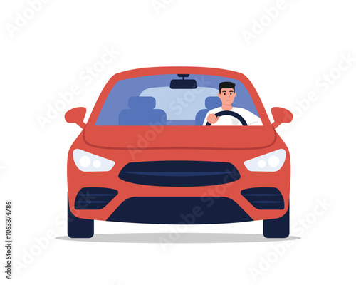 Vector illustration of a front view of a car with a handsome guy. Cartoon scene of a guy sitting behind the wheel of a red car isolated on a white background. The car is driving on the road. Vehicle.