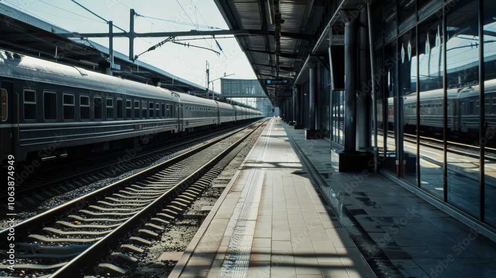 An expansive railway station with empty tracks and reflective surfaces creates a mood of solitude and anticipation of journeys yet to unfold. An expansive railway station with empty tracks and reflective surfaces creates a mood of solitude and anticipation of journeys yet to unfold.