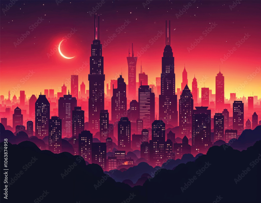 vector of a poster for a futuristic city with a lot of buildings in the background with a moon vector of a poster for a futuristic city with a lot of buildings in the background with a moon