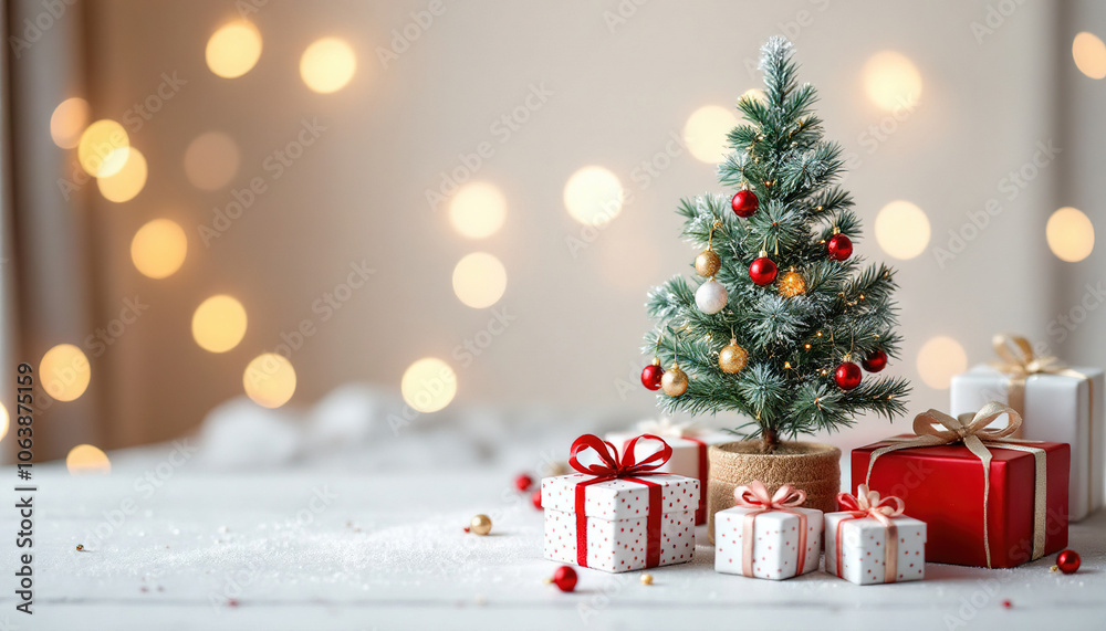 Merry Christmas and happy new year card template with small Christmas tree, gifts and copy space Merry Christmas and happy new year card template with small Christmas tree, gifts and copy space