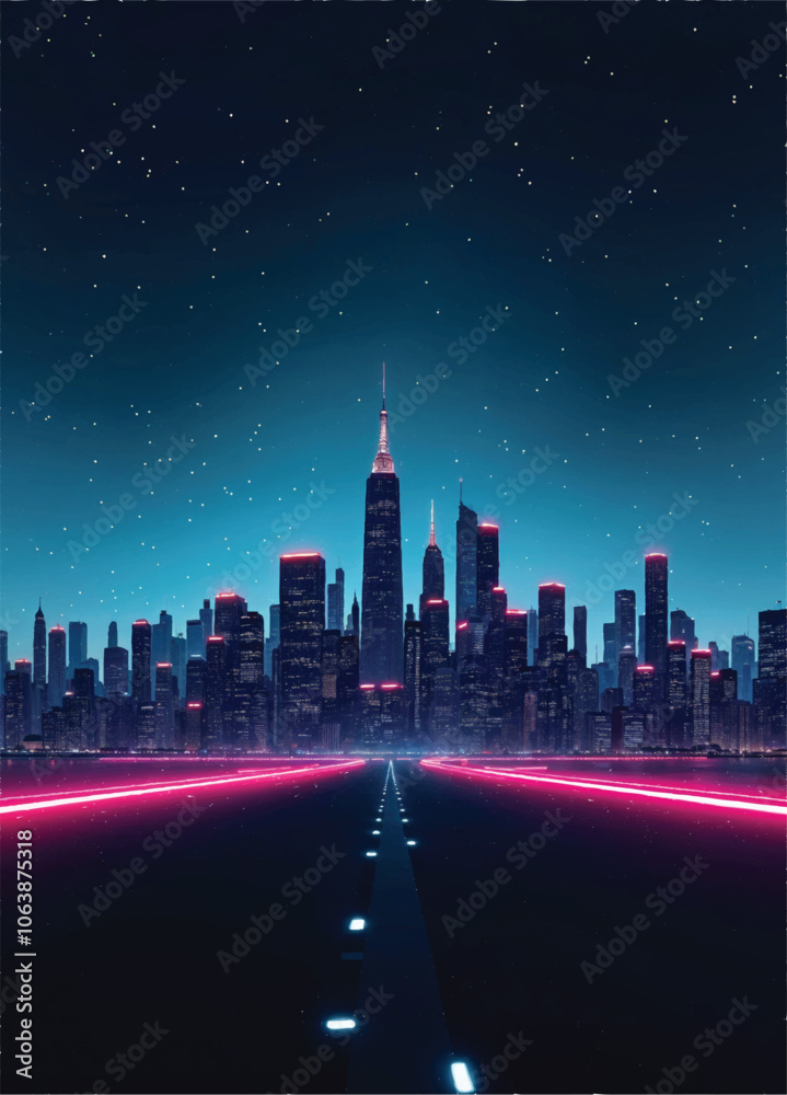 vector of a futuristic city with tall buildings in distance and glowing pink neon lights on the road