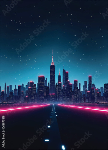 vector of a futuristic city with tall buildings in distance and glowing pink neon lights on the road