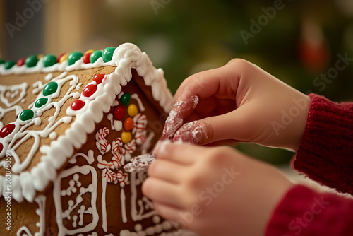 Child Decorating Festive Gingerbread House