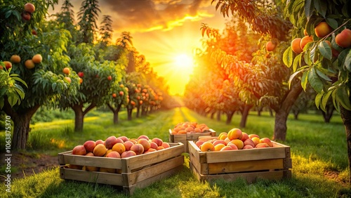 Low Light Photography of Harvesting Boxes in a Peach Orchard at Dusk - Capturing the Essence of Autumn and Nature's Bounty with Warm Colors and Soft Shadows