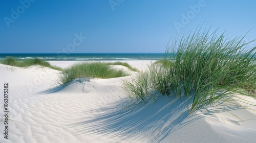 Rolling dunes topped with tall grasses stretch toward a brilliant, clear ocean under a radiant azure sky, epitomizing coastal beauty.