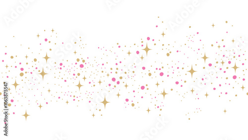 Gold and pink stars and dots seamless border. Flying gold sparkles confetti isolated on white background.Christmas stars background.
