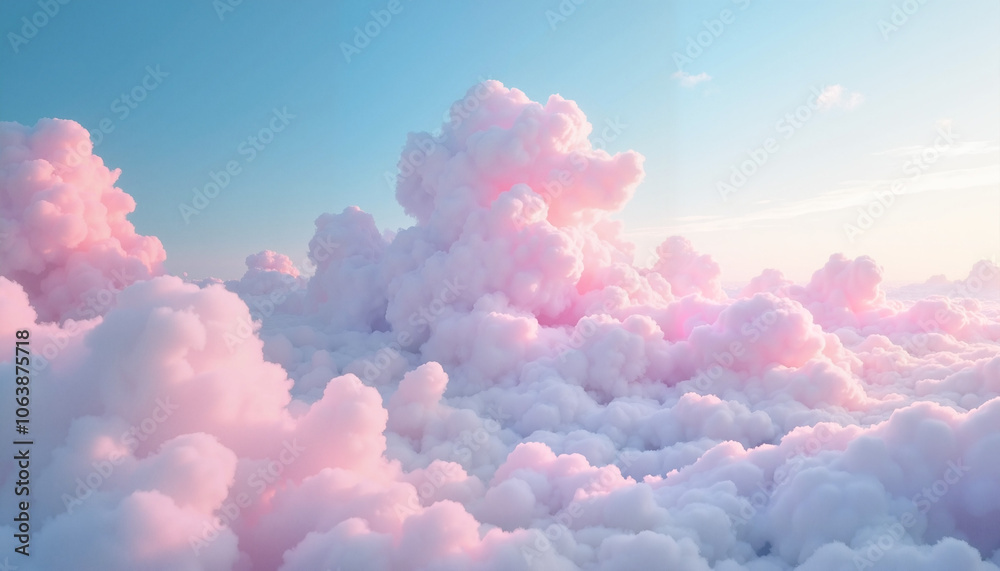Fluffy pink clouds against a bright blue sky in a dreamy atmosphere
