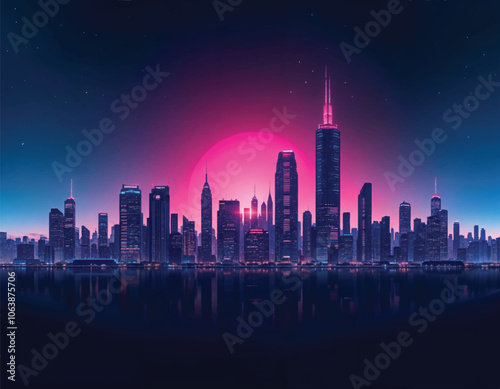 vector of a futuristic city skyline with tall buildings and a full moon in the background