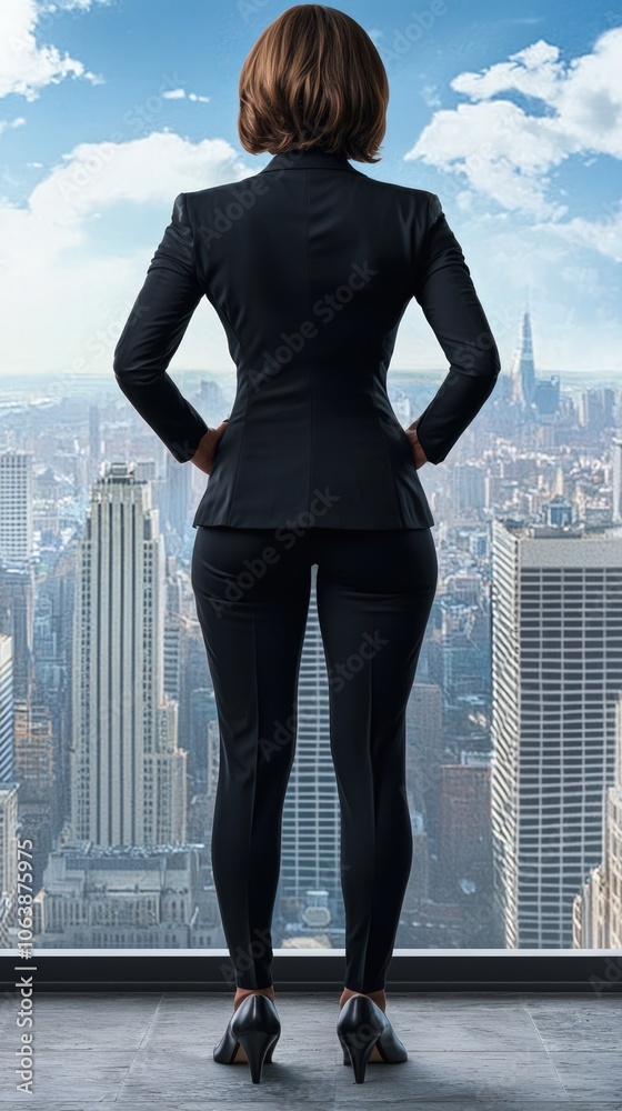 Confident Businesswoman Overlooks Urban Skyline from High Rise Confident Businesswoman Overlooks Urban Skyline from High Rise