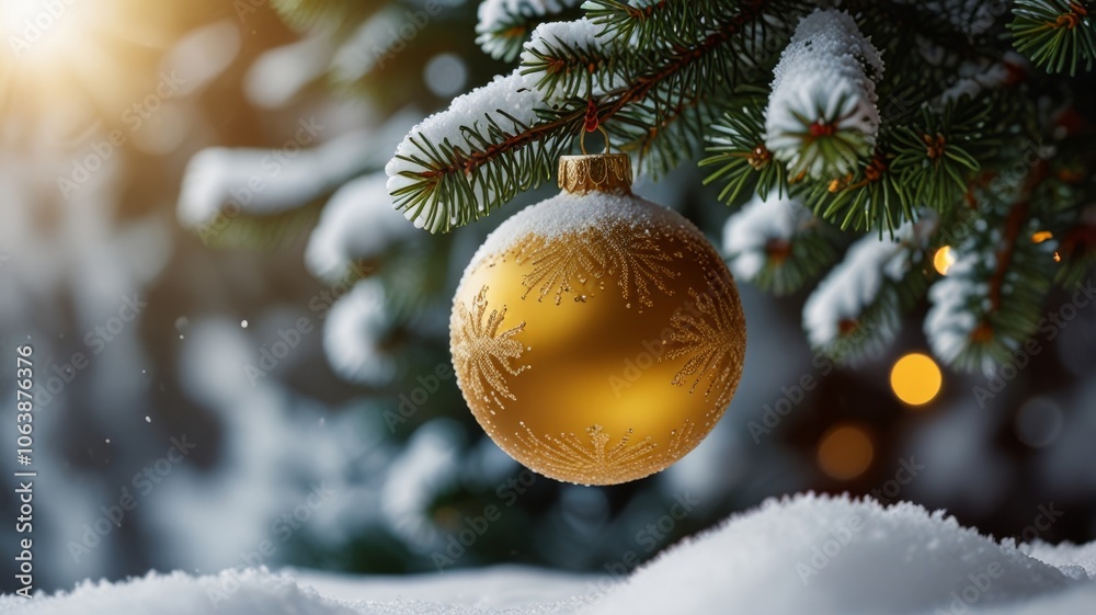 Christmas background. Golden New Year's ball on a Christmas tree branch in the winter forest