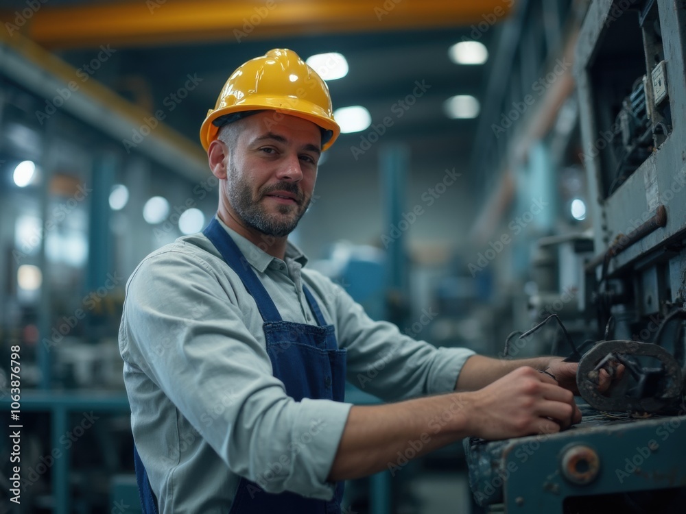Worker in a Safety Helmet Using Machinery in a Manufacturing Facility During the Day Worker in a Safety Helmet Using Machinery in a Manufacturing Facility During the Day