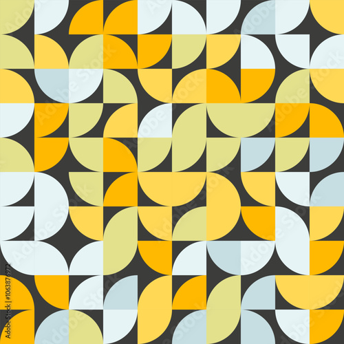 Yellow, blue and green geometric mosaic seamless pattern illustration with nature abstract shapes. Concept background print. Minimalist shape texture, geometry collage.