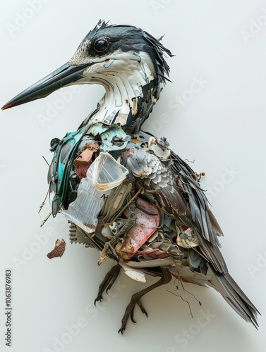 A creatively crafted bird sculpture made from recycled materials symbolizes environmental awareness and the impact of waste, Ideal for eco-friendly campaigns, art projects, or educational content, photo