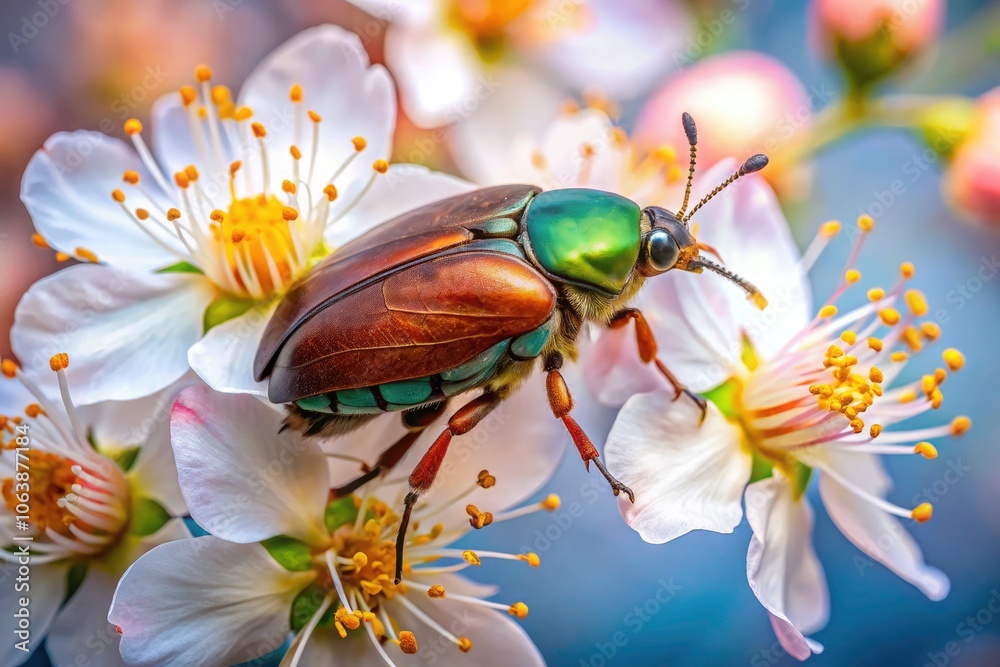 Fototapeta premium Maybug Beetle on Cherry Blossom: Nature's Beauty in Spring, Insect Close-Up, Floral Photography, Entomology, Spring Bloom, Natural Habitat, Pollination, Macro Photography, Insect Ecology