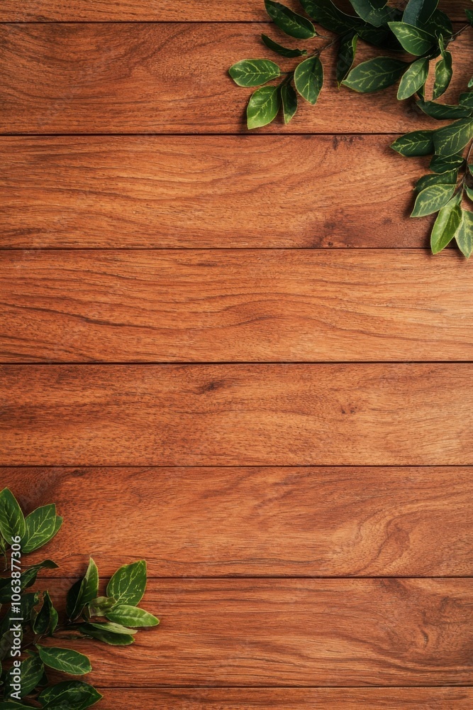 Green leaves on rustic wooden surface, natural design, organic feel. Green leaves on rustic wooden surface, natural design, organic feel.