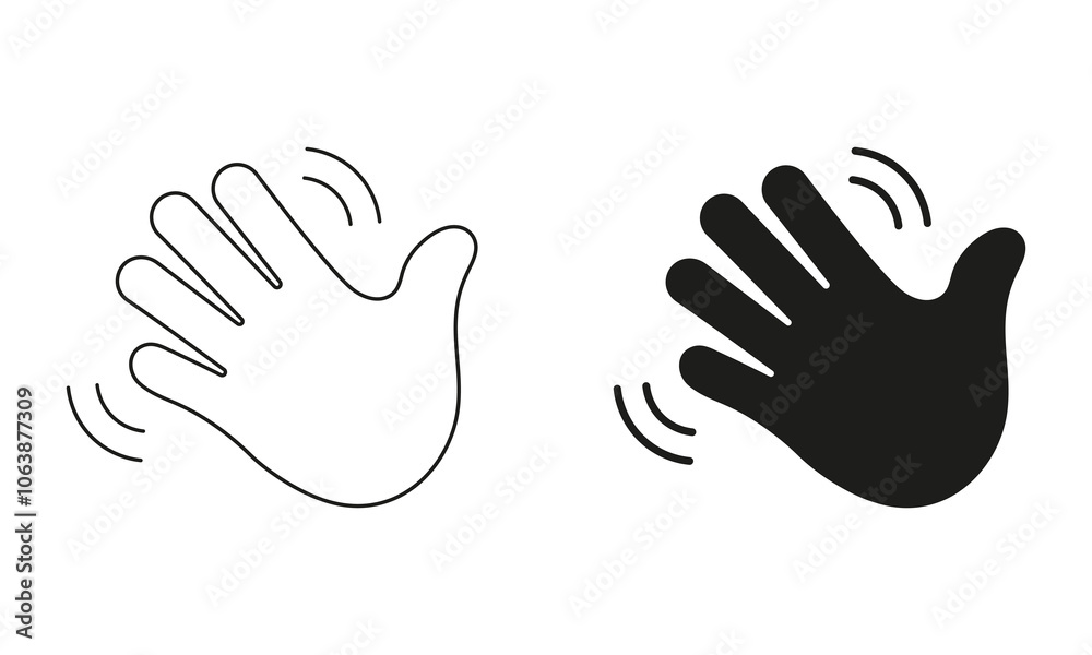 Gesture of Hello or Goodbye Symbol. Waving Hand Emoji Icon. Friendly Greeting Line and Silhouette Sign. Editable Stroke. Isolated Vector Illustration Gesture of Hello or Goodbye Symbol. Waving Hand Emoji Icon. Friendly Greeting Line and Silhouette Sign. Editable Stroke. Isolated Vector Illustration